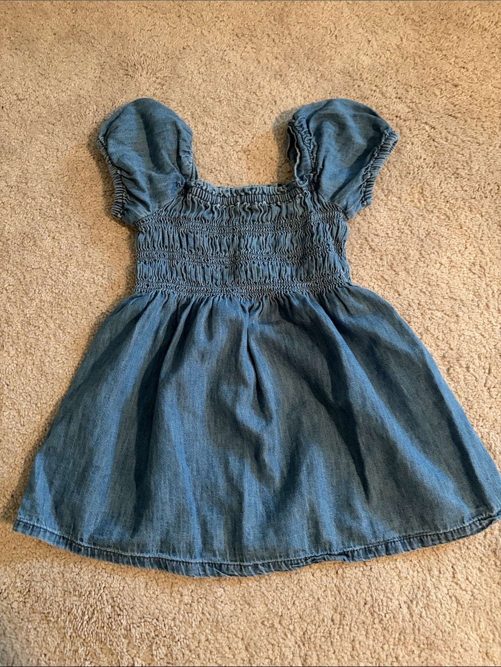 GAP Denim-Look Smocked Puff-Sleeve Dress — Blue